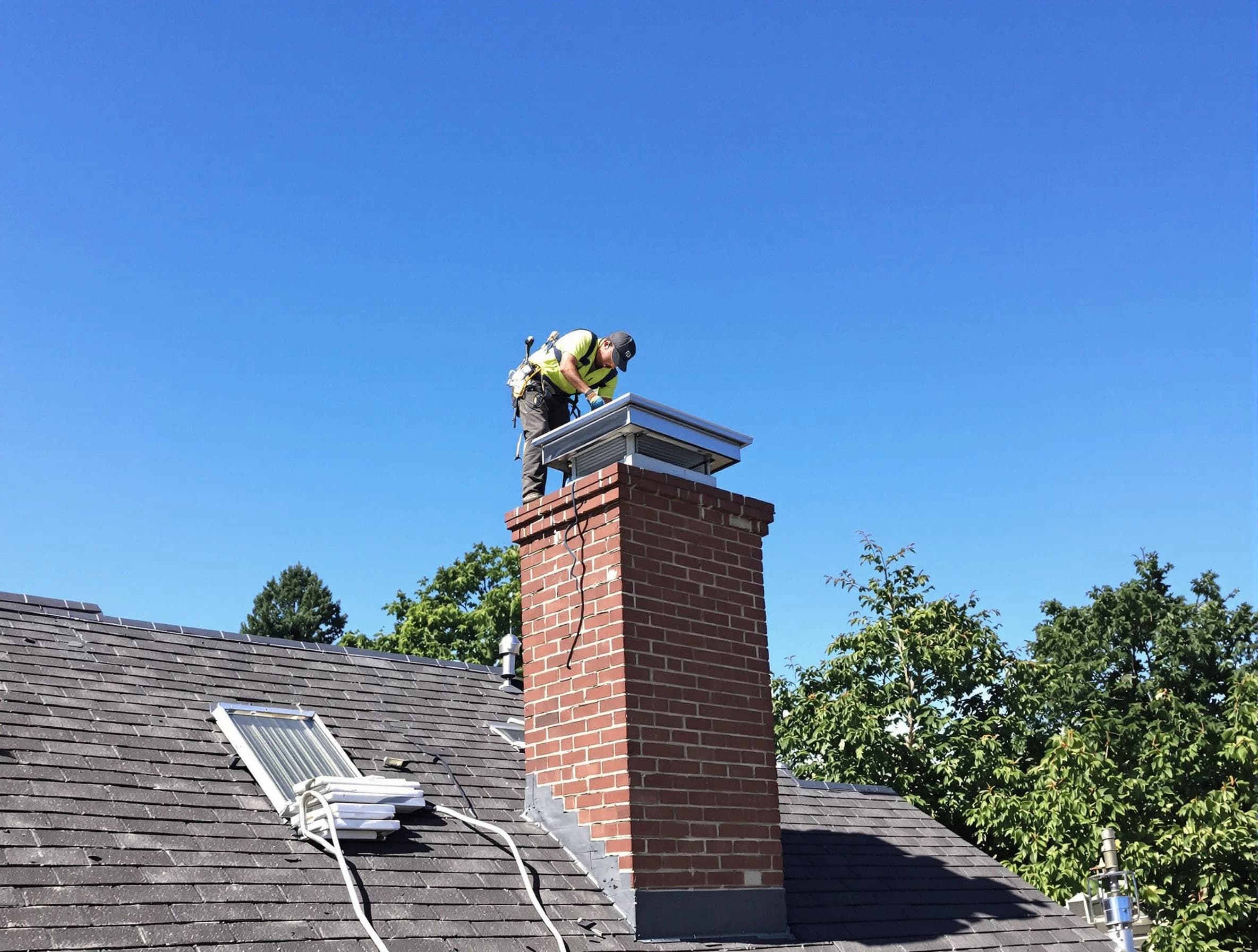 Franklin Chimney Sweep technician measuring a chimney cap in Franklin, NJ